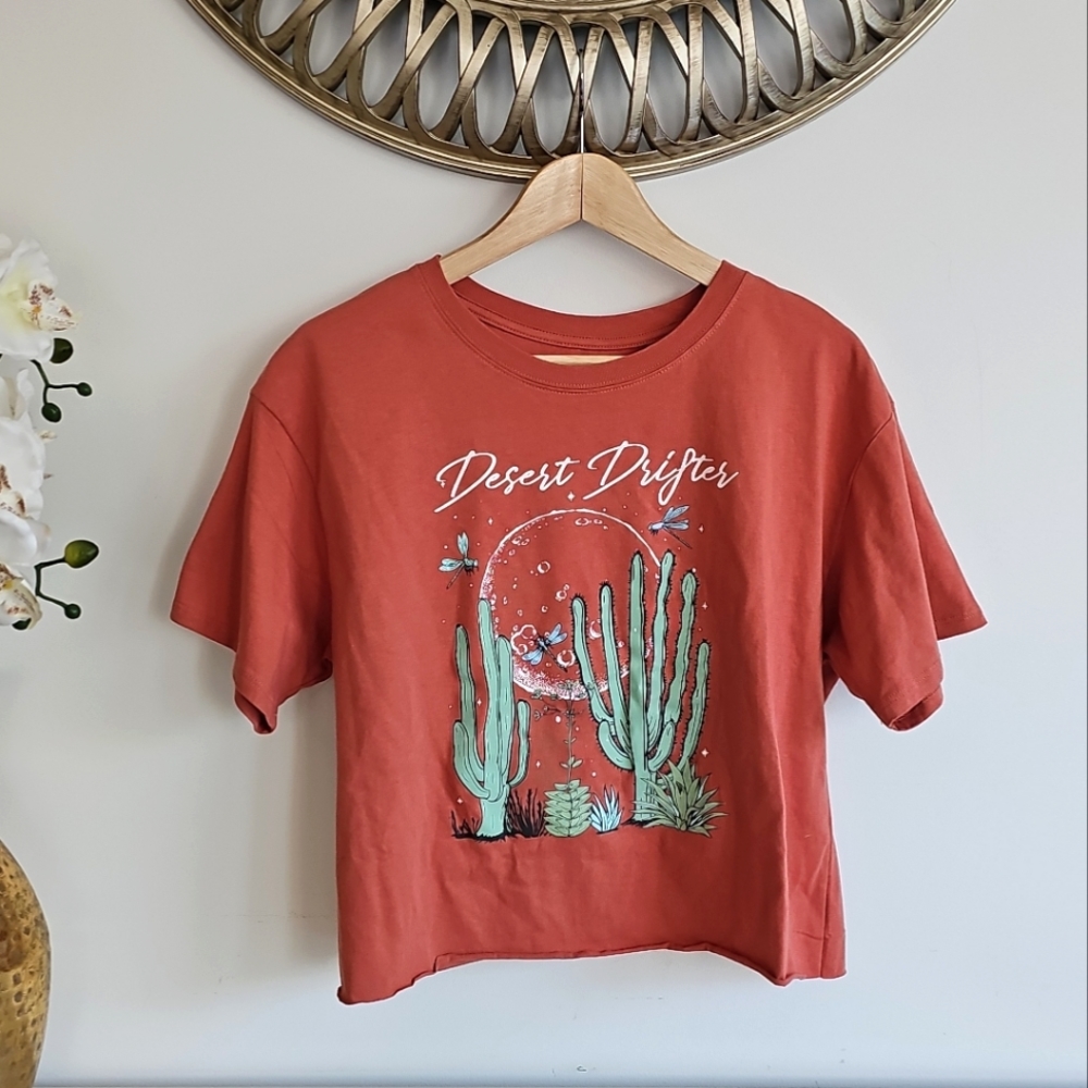 Cold Crush "Desert Drifter" Cactus  Women's Cropped Cotton Tsirt Rust Color, L